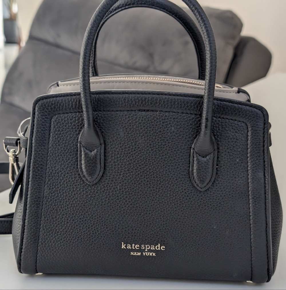 KATE SPADE NEW Black Pebbled Leather Satchel with Gold Logo Accent